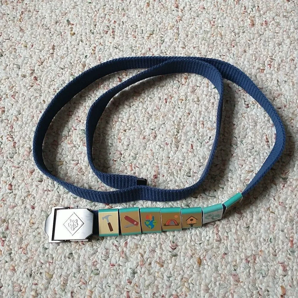 Boy Scout Of Ametica BSA Uniform Belt Blue Wolf Buckle With 7 Merit Badges 52